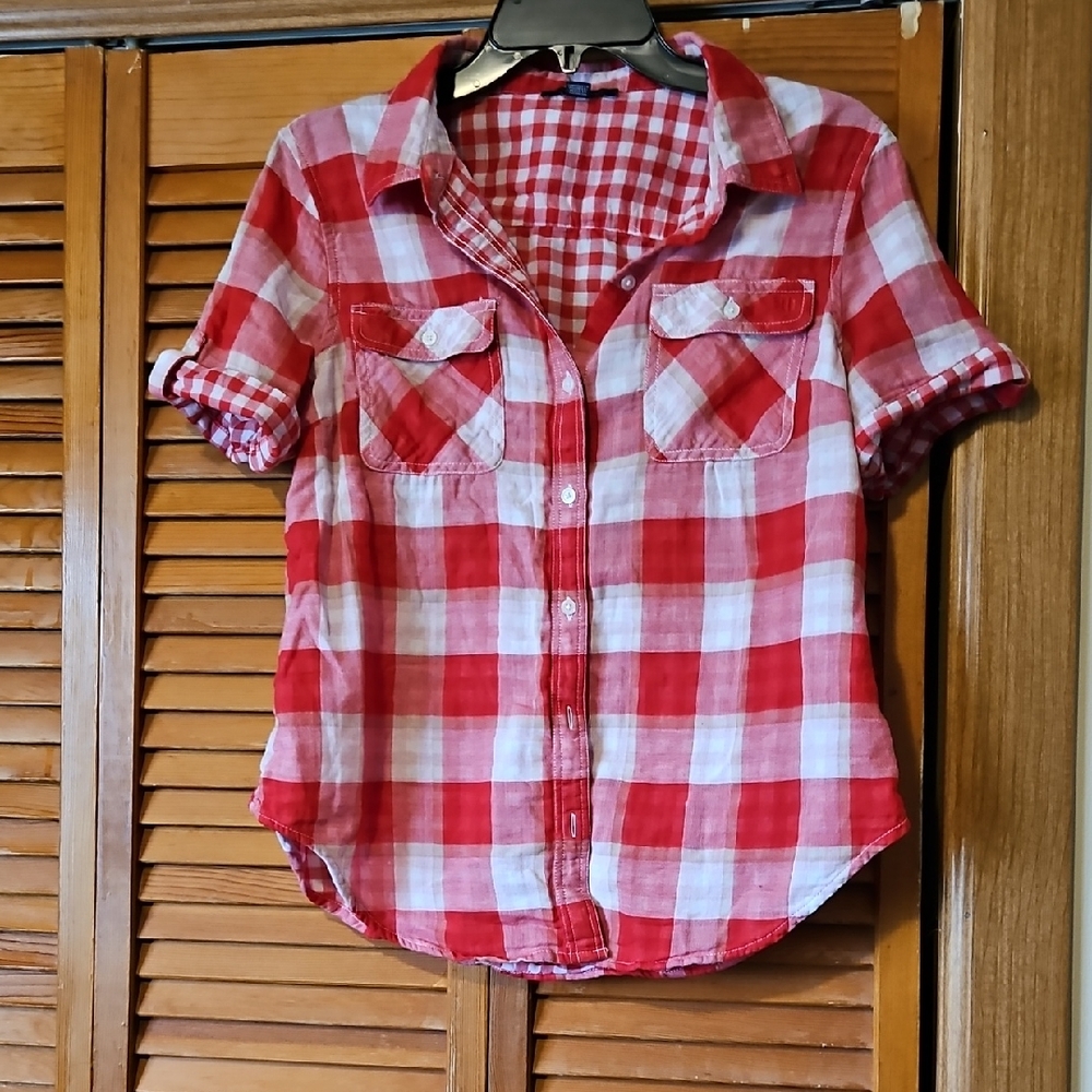 Tommy Hilfiger Red and White Plaid Button Down Shirt